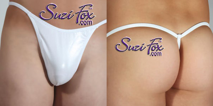 Mens Smooth Front, G-String thong - shown in White Vinyl/PVC Spandex, custom made by Suzi Fox.
• Standard front height is 8 inches (20.32 cm) tall.
• Available in 3, 4, 5, 6, 7, 8, 9, and 10 inch front heights.
• Wear it as swimwear OR underwear!
• You can choose any fabric on this site, including vinyl/PVC, Metallic Foil, Metallic Mystique, Wetlook Lycra Spandex, Milliskin Tricot Spandex. The vinyl/PVC is a latex alternative, great for people allergic to latex!
• Worldwide shipping.
• Made in the U.S.A.