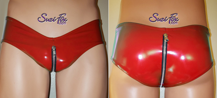 Men's 'V', Pouch Front, 2-slider Crotch zipper, Hot Pants Bikini, custom made by Suzi Fox
shown in red gloss vinyl/PVC Spandex.
Available in black, red, white, neon pink, light pink, fuchsia, purple, turquoise, Royal Blue, Matte Black, Matte White, and 3D Prism colors.
Choose your pouch size!
Made in the U.S.A.