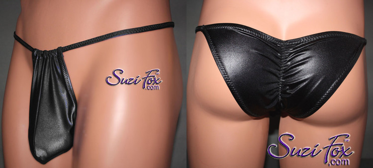 Men's Adjustable Pouch, Gathered Rio Bikini, shown in Black Wet Look Lycra Spandex, custom made by Suzi Fox. Make the front thinner or wider for more coverage! Gathered rear accentuates the butt!
• Standard front height is 8 inches (20.3 cm) tall.
• Available in 3, 4, 5, 6, 7, 8, 9, and 10 inch front heights.
• Choose your pouch size. See pictures section for instructions on how to measure.
• Lining is optional.
• Wear it as swimwear OR underwear!
• You can choose any fabric on this site, including vinyl/PVC, Metallic Foil, Metallic Mystique, Wetlook Lycra Spandex, Milliskin Tricot Spandex. The vinyl/PVC is a latex alternative, great for people allergic to latex!
• Worldwide shipping.
• Made in the U.S.A.