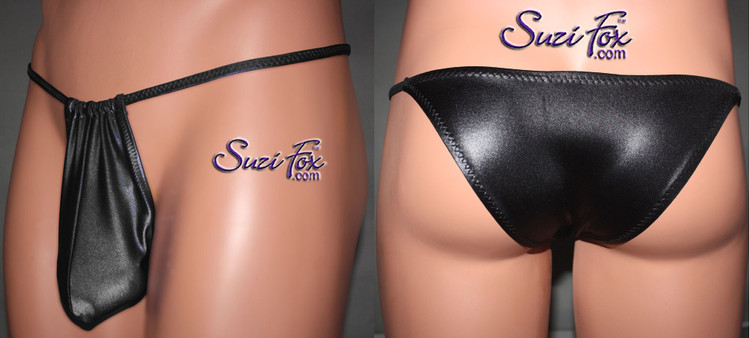 Men's Adjustable Pouch, Tanga (1/4 rear coverage) Bikini for the Well Endowed Man, shown in Black Wet Look Lycra Spandex, custom made by Suzi Fox. Make the front thinner or wider for more coverage! 
• Standard front height is 8 inches (20.3 cm) tall.
• Available in 3, 4, 5, 6, 7, 8, 9, and 10 inch front heights.
• Choose your pouch size. See pictures section for instructions on how to measure.
• Lining is optional.
• Wear it as swimwear OR underwear!
• You can choose any fabric on this site, including vinyl/PVC, Metallic Foil, Metallic Mystique, Wetlook Lycra Spandex, Milliskin Tricot Spandex. The vinyl/PVC is a latex alternative, great for people allergic to latex!
• Worldwide shipping.
• Made in the U.S.A.