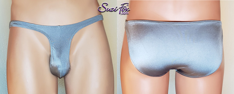 Well Endowed Mens Contoured, Rounded Pouch Front, Wide Strap, Full Rear bikini - shown in Steel Gray Milliskin Tricot Spandex, custom made by Suzi Fox.
• Standard front height is 8 inches (20.3 cm).
• Available in 3, 4, 5, 6, 7, 8, 9, and 10 inch front heights.
• Choose your pouch size. See pictures section for instructions on how to measure.
• Lining is optional.
• Wear it as swimwear OR underwear!
• You can choose any fabric on this site, including vinyl/PVC, Metallic Foil, Metallic Mystique, Wetlook Lycra Spandex, Milliskin Tricot Spandex. The vinyl/PVC is a latex alternative, great for people allergic to latex!
• Worldwide shipping.
• Made in the U.S.A.