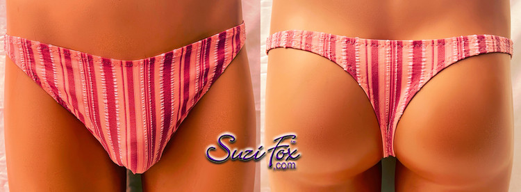 Mens Smooth/Flat Front, Wide Strap, T-back Thong in burgundy and coral stripe seersucker spandex by Suzi Fox