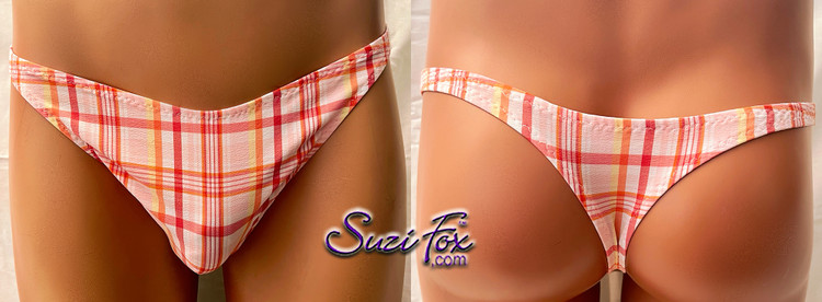 Mens Smooth/Flat Front, Wide Strap, T-back Thong in red and yellow plaid spandex by Suzi Fox