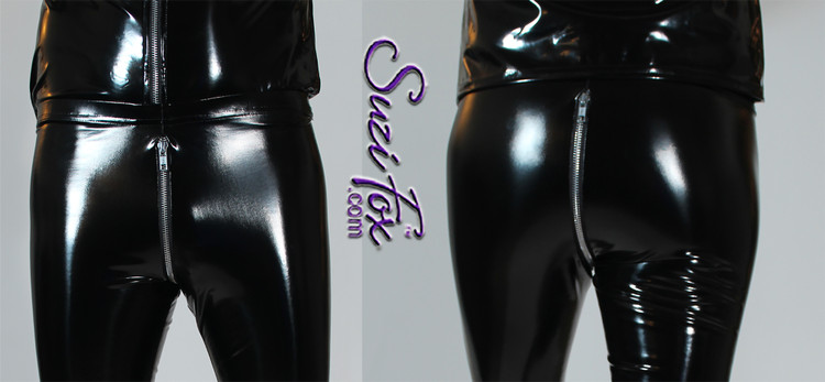 Womens Hiphugger Leggings shown in Gloss Black Vinyl/PVC Spandex, custom made by Suzi Fox.
• Shown with optional 2-slider crotch zipper and ankle zippers.
• Size 2X, waist 38 hip 48
Made in the U.S.A.