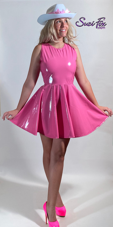 Round neck, Circle skirt Dress shown in hot pink gloss vinyl coated spandex, by Suzi Fox.
• Perfect for Barbie!
• Seam at the waist.
• Zipper in the back.
• Optional long sleeves.
• Optional wrist zippers.