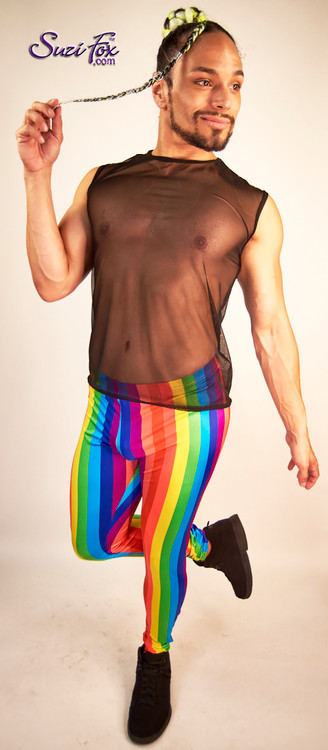 Mens Jogger pants shown in Rainbow Stripe spandex custom made by Suzi Fox.