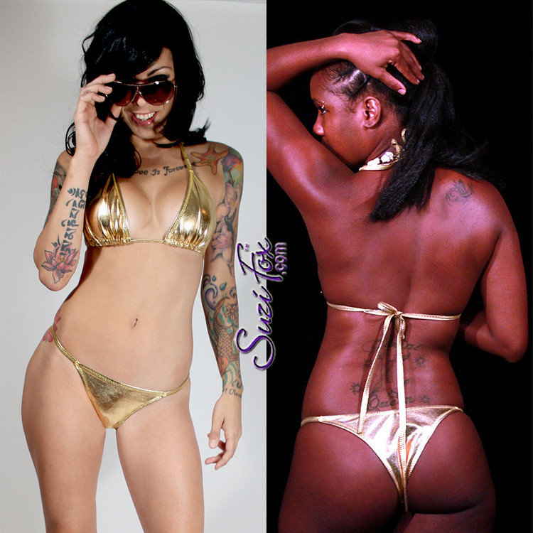 Adjustable String Bikini Top shown in Gold metallic foil coated spandex by Suzi Fox.
Bottom not included.