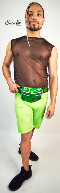 Mens Baggy Shorts shown in Neon Green Milliskin Tricot Spandex custom made by Suzi Fox