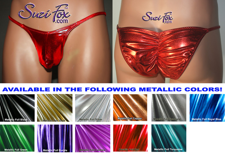 Mens Pouch Front, Skinny Strap, Gathered rear Rio Bikini - shown in Red Metallic Foil Spandex, custom made by Suzi Fox