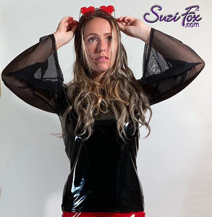 Womens Bell Sleeve, rounded neck shirt shown in gloss vinyl/pvc black with see through mesh sleeves by Suzi Fox.