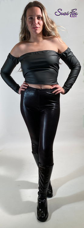 Black Metallic foil coated Spandex Leggings custom made by Suzi Fox.
Shown with open shoulder shirt inspired by Mazikeen in the series, Lucifer, custom made by Suzi Fox.