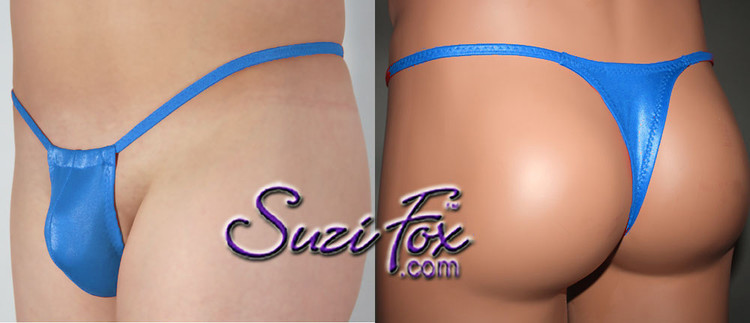 Men's Adjustable Pouch T-Back Thong shown in baby blue Milliskin, custom made by Suzi Fox M1R5TB-1927

