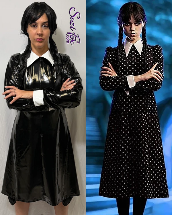 Wednesday Addams inspired Dress shown in Gloss Black Vinyl/PVC, custom made by Suzi Fox.