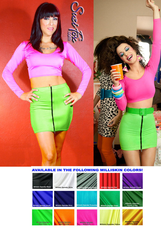 Front Zipper Skirt shown in Neon Green Shiny Milliskin Tricot Spandex by Suzi Fox. Patterned after katy Perry's character, Kathy Beth Terry in "Last Friday Night" (T.G.I.F.).
Custom made to your measurements!
Available in black, white, red, royal blue, sky blue, turquoise, purple, green, neon green, hunter green, neon pink, neon orange, athletic gold, lemon yellow, steel gray Miilliskin Tricot spandex, and any fabric on this site.
Made in the U.S.A.