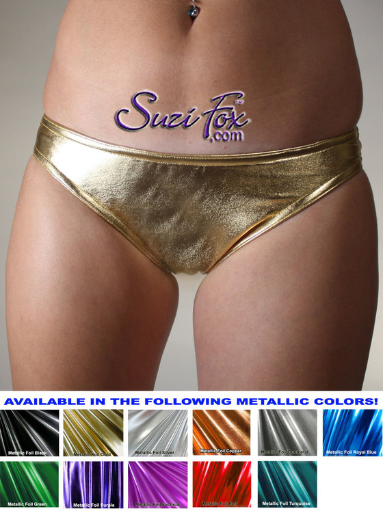 Custom Panties shown in Gold Metallic Foil coated Spandex, custom made by Suzi Fox.
Custom made to your measurements!
Available in gold, silver, copper, gunmetal, turquoise, Royal blue, red, green, purple, fuchsia, black faux leather/rubber, and any other fabric on this site.
Made in the U.S.A.