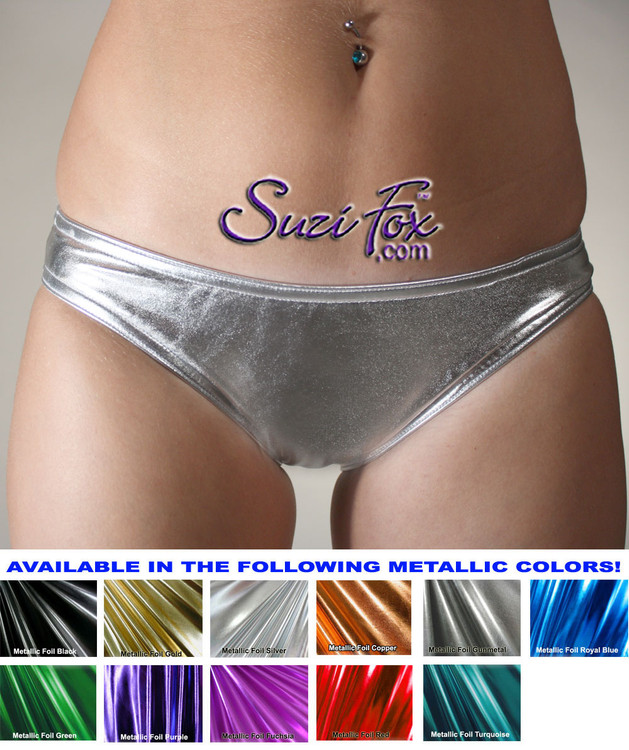 Custom Panties shown in Silver Metallic Foil coated Spandex, custom made by Suzi Fox.
Custom made to your measurements!
Available in gold, silver, copper, gunmetal, turquoise, Royal blue, red, green, purple, fuchsia, black faux leather/rubber, and any other fabric on this site.
Made in the U.S.A.