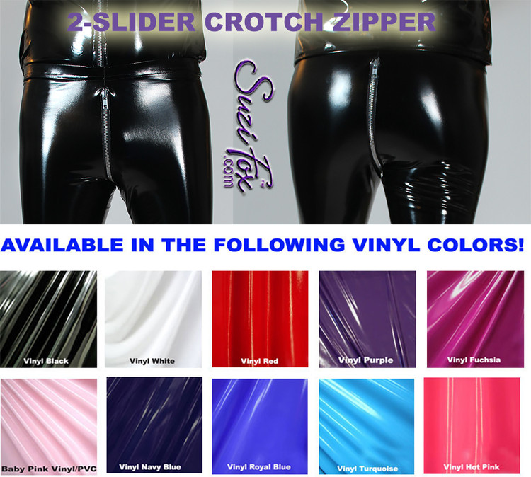 Mens Hiphugger Leggings shown in Gloss Black Vinyl/PVC Spandex, with optional 2-slider crotch zipper, custom made by Suzi Fox.
• Shown with optional 2-slider crotch zipper.
Custom made to your measurements!
• Available in black, white, red, navy blue, royal blue, turquoise, purple, Neon Pink, fuchsia, light pink, matte black (no shine), matte white (no shine), black 3D Prism, red 3D Prism, Turquoise 3D Prism, Baby Blue 3D Prism, Hot Pink 3D Prism Vinyl and any fabric on this site.
• 1 inch no-roll elastic at the waist.
• Optional 1 or 2-slider crotch zipper.
• Choose your ankle size - tight ankles, jean cut, boot cut, or bellbottom.
• Optional ankle zippers.
• Optional belt loops.
• Optional rear patch pockets.
Made in the U.S.A.