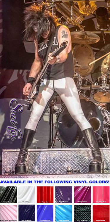 Customer photo! Thanks to Randy of the band HAIRBALL for this picture!
Mens Hiphugger Leggings shown in Gloss White Vinyl/PVC Spandex, custom made by Suzi Fox.
Custom made to your measurements!
• Shown with optional front 1-slider zipper.
• Available in black, white, red, navy blue, royal blue, turquoise, purple, Neon Pink, fuchsia, light pink, matte black (no shine), matte white (no shine), black 3D Prism, red 3D Prism, Turquoise 3D Prism, Baby Blue 3D Prism, Hot Pink 3D Prism Vinyl and any fabric on this site.
• 1 inch no-roll elastic at the waist.
• Optional 1 or 2-slider crotch zipper.
• Choose your ankle size - tight ankles, jean cut, boot cut, or bellbottom.
• Optional ankle zippers.
• Optional belt loops.
• Optional rear patch pockets.
Made in the U.S.A.