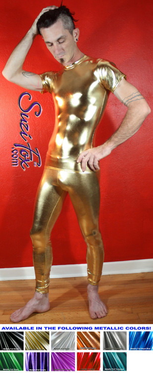 Mens Hiphugger Leggings shown in Gold Metallic Foil coated Spandex, custom made by Suzi Fox.
Custom made to your measurements!
• Available in gold, silver, copper, gunmetal, turquoise, Royal blue, red, green, purple, fuchsia, black faux leather/rubber Metallic Foil and any fabric on this site.
• 1 inch no-roll elastic at the waist.
• Optional 1 or 2-slider crotch zipper.
• Choose your ankle size - tight ankles, jean cut, boot cut, or bellbottom.
• Optional ankle zippers.
• Optional belt loops.
• Optional rear patch pockets.
Made in the U.S.A.