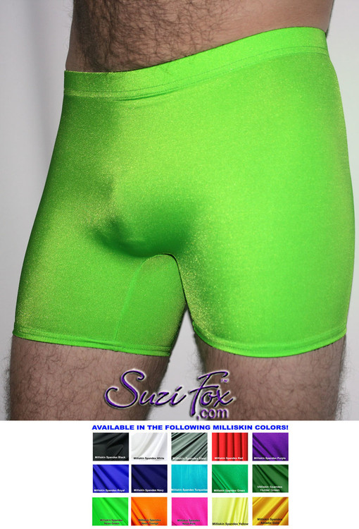 Mens Smooth Front shorts shown in Neon Green Milliskin Tricot Spandex, custom made by Suzi Fox. Neon Milliskin glows under blacklight!
Custom made to your measurements!
• Available in black, white, red, royal blue, sky blue, turquoise, purple, green, neon green, hunter green, neon pink, neon orange, athletic gold, lemon yellow, steel gray Miilliskin Tricot spandex and any fabric on this site.
• 1 inch no-roll elastic at the waist.
• Optional belt loops.
• Optional rear patch pockets.
• Your choice of inseam and rise. 4 inch inseam is standard.
• Made in the U.S.A.