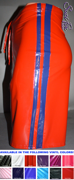 Mens Basketball or Board shorts shown in Red with Royal Blue Stripes Vinyl/PVC Spandex, custom made by Suzi Fox.
• Available in black, white, red, navy blue, royal blue, turquoise, purple, Neon Pink, fuchsia, light pink, matte black (no shine), matte white (no shine), black 3D Prism, red 3D Prism, Turquoise 3D Prism, Baby Blue 3D Prism, Hot Pink 3D Prism, and any fabric on this site.
• 1 inch no-roll elastic at the waist.
• Optional belt loops.
• Optional rear patch pockets.
• Optional drawstring.
• Made in the U.S.A.