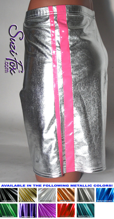 Mens Basketball or Board shorts shown in Silver Metallic Foil with Neon Pink Vinyl stripes, custom made by Suzi Fox.
• Available in gold, silver, copper, gunmetal, turquoise, Royal blue, red, green, purple, fuchsia, black faux leather/rubber Metallic Foil, and any fabric on this site.
• 1 inch no-roll elastic at the waist.
• Optional belt loops.
• Optional rear patch pockets.
• Optional drawstring.
• Made in the U.S.A.