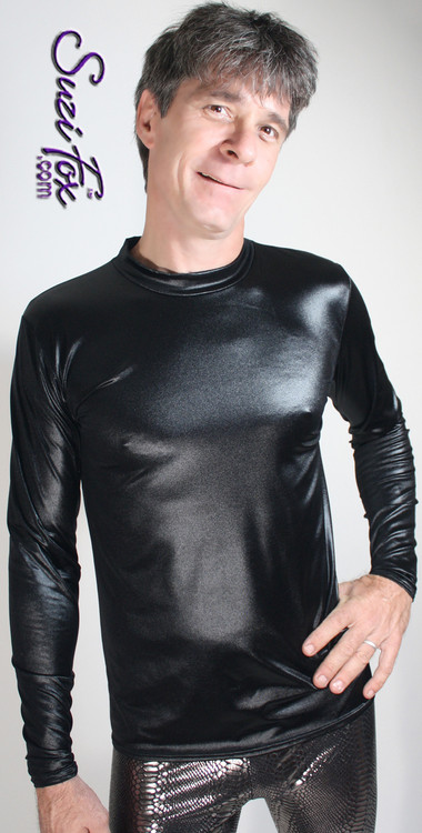 Mens Long Sleeve Shirt shown in Black Wetlook Lycra Spandex, custom made by Suzi Fox
• Choose your sleeve length.
• Give us your measurements for a custom fit!
• Standard length is 24 inches (61 cm) for sizes XXXS-Medium; 27 inches (68.6 cm) for sizes Large and up.
• Optional add extra length to the shirt.
• Made in the U.S.A.