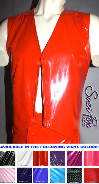 Mens V Front Vest in Gloss Red Vinyl/PVC Spandex, custom made by Suzi Fox.
Custom made to your measurements!
Available in black, white, red, navy blue, royal blue, turquoise, purple, Neon Pink, fuchsia, light pink, matte black (no shine), matte white (no shine), black 3D Prism, red 3D Prism, Turquoise 3D Prism, Baby Blue 3D Prism, Hot Pink 3D Prism, and any other fabric on this site.
Button front.
Made in the U.S.A.