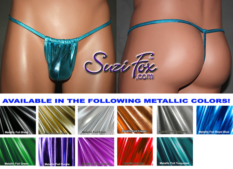 Men's Adjustable Pouch G-String thong - shown in Turquoise Metallic Foil Spandex, custom made by Suzi Fox.
• Available in gold, silver, copper, gunmetal, turquoise, Royal blue, red, green, purple, fuchsia, black faux leather/rubber Metallic Foil or any fabric on this site.
• Standard front height is 6 inches (15.2 cm) tall.
• Available in 4, 5, 6, 7, 8, 9, and 10 inch front heights.
• Choose your pouch size!
Made in the U.S.A.