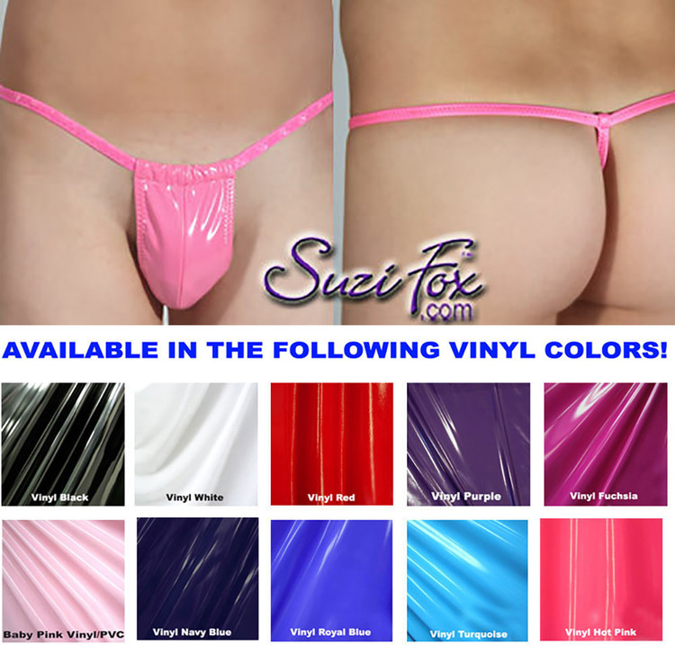 Men's Adjustable Pouch G-String thong - shown in Gloss Neon Pink Vinyl/PVC Spandex, custom made by Suzi Fox.
• Available in black, white, red, navy blue, royal blue, turquoise, purple, Neon Pink, fuchsia, light pink, matte black (no shine), matte white (no shine),  Vinyl/PVC or any fabric on this site.
• Standard front height is 7 inches (17.8 cm) tall.
• Available in 4, 5, 6, 7, 8, 9, and 10 inch front heights.
• Choose your pouch size!
Made in the U.S.A.