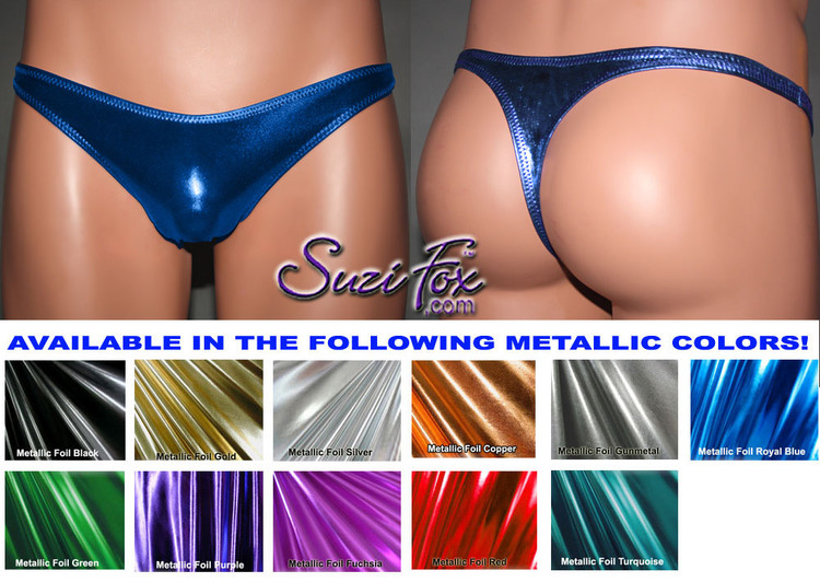 Men's Smooth Front, Wide Strap, T-Back thong - shown in Royal Blue Metallic Foil Spandex, custom made by Suzi Fox.
• Available in gold, silver, copper, gunmetal, turquoise, Royal blue, red, green, purple, fuchsia, black faux leather/rubber Metallic Foil or any fabric on this site.
• Standard front height is 6 inches (15.24 cm) tall.
• Available in 3, 4, 5, 6, 7, 8, 9, and 10 inch front heights.
• Wear it as swimwear OR underwear!
• Made in the U.S.A.