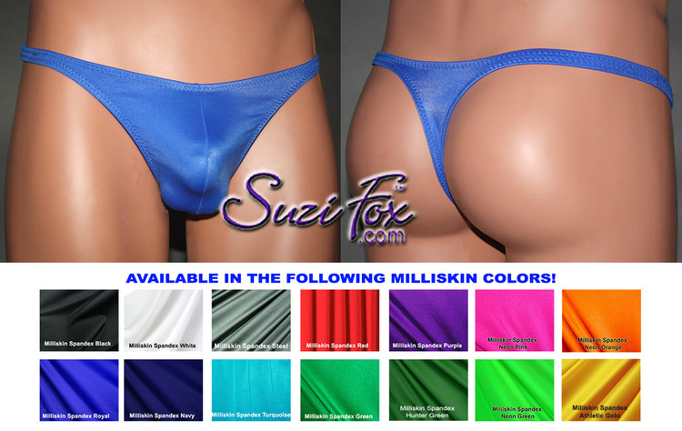 Mens Pouch Front, Wide Strap, T-Back thong - shown in Royal Blue Milliskin Tricot Spandex, custom made by Suzi Fox.
• Standard front height is 6 inches (15.24 cm).
• Available in 4, 5, 6, 7, 8, 9, and 10 inch front heights.
• Wear it as swimwear OR underwear!
• Made in the U.S.A.