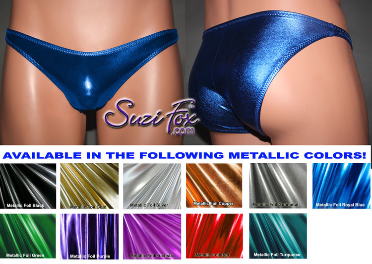 Mens Smooth Front, Wide Strap, Brazilian Bikini - shown in Royal Blue Metallic Foil Spandex, custom made by Suzi Fox.
• Available in gold, silver, copper, gunmetal, turquoise, Royal blue, red, green, purple, fuchsia, black faux leather/rubber Metallic Foil or any fabric on this site.
• Standard front height is 6 inches (15.24 cm) tall.
• Available in 3, 4, 5, 6, 7, 8, 9, and 10 inch front heights.
• Wear it as swimwear OR underwear!
• Made in the U.S.A.