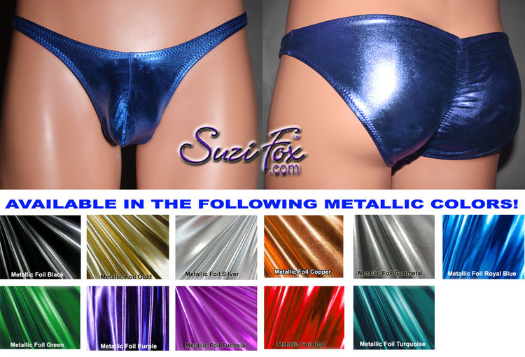 Men's Pouch Front, Wide Strap, Gathered rear Brazilian Bikini - shown in Royal Blue Metallic Foil Spandex, custom made by Suzi Fox.
• Available in gold, silver, copper, gunmetal, turquoise, Royal blue, red, green, purple, fuchsia, black faux leather/rubber Metallic Foil or any fabric on this site.
• Standard front height is 6 inches (15.24 cm).
• Available in 3, 4, 5, 6, 7, 8, 9, and 10 inch front heights.
• Wear it as swimwear OR underwear!
• Made in the U.S.A.