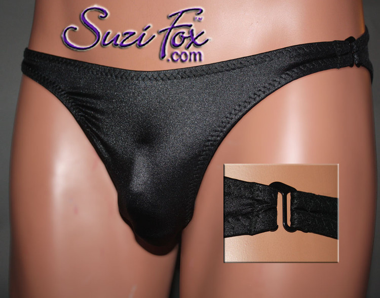 Men's Smooth Front, Side Release Bikini - shown in Black Wetlook Lycra Spandex, custom made by Suzi Fox.
• Available in black, white, red, turquoise, navy blue, royal blue, hot pink, lime green, green, yellow, steel gray, neon orange Wet Look or any fabric on this site.
• Standard front height is (8 inches (20.3 cm).
• Available in 4, 5, 6, 7, 8, 9, and 10 inch front heights.
• Side release allows for better tanning, and easy off and on.
• Choose your rear style! T-back, Rio, Brazilian, Tanga, Full coverage rear.
• Wear it as swimwear or underwear!
Made in the U.S.A.