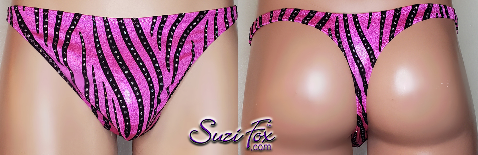Mens Medium Smooth/Flat Front, Wide Strap, T-back Thong in Hot Pink  Mystique with black stripes and diamonds by Suzi Fox.