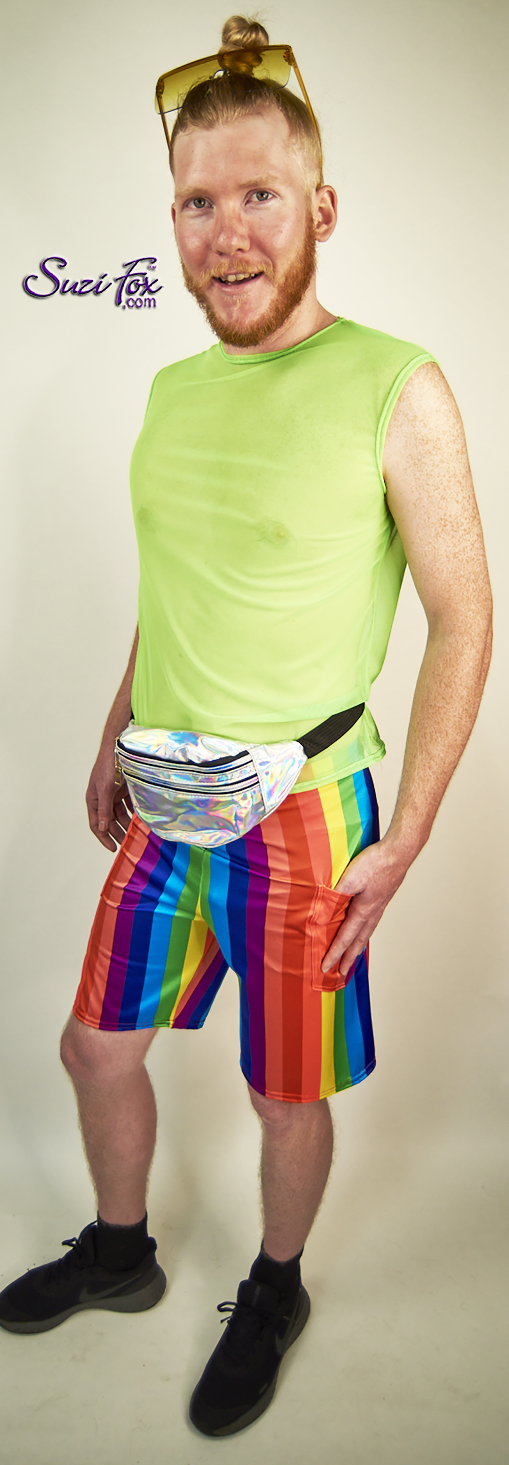 Womens Jogger pants For Raves, EDC, and Burning Man Festivals shown in  Rainbow stripe spandex custom made by Suzi Fox