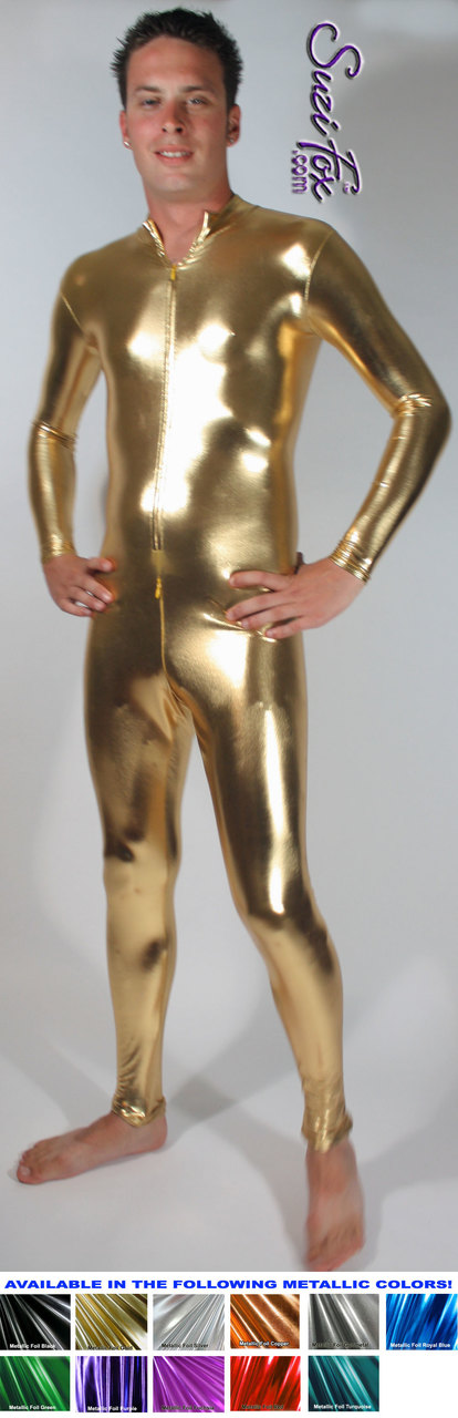 Custom Catsuit by Suzi Fox shown in Black Wet Look Lycra Spandex with  2-slider crotch zipper.