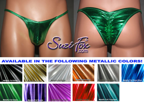 Womens Side Tie, Micro G-string thong bikini bottom shown in Turquoise  Metallic Foil Spandex, custom made by Suzi Fox.