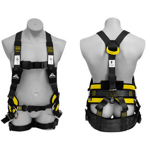 A professional-grade full-body Maxi Harness Pro Electric Tower (915011) featuring padded shoulder and leg straps, insulated webbing, reinforced D-rings, and quick-release buckles—designed specifically for electrical and tower work.