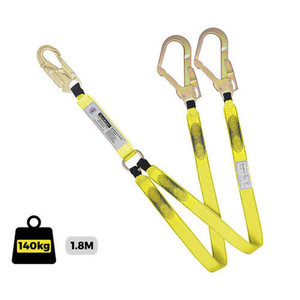 A robust Lanyard Double Webbing (915052) featuring a 1.8-meter dual-leg design with double action snap hooks and scaffold hooks—engineered for reliable fall protection and secure attachment in construction and industrial settings. A robust Lanyard Double Webbing (915052) featuring a 1.8-meter dual-leg design with double action snap hooks and scaffold hooks—engineered for reliable fall protection and secure attachment in construction and industrial settings.