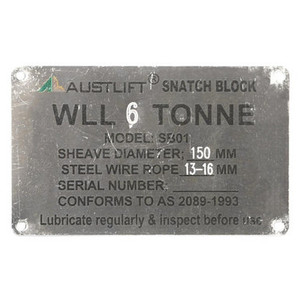 Data Plate for Snatch Block 2T; Austlift 003661SP Data Plate for Snatch Block 2T; Austlift 003661SP