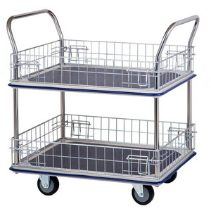A 170KG rated 2-tier platform trolley (model HL120M) with a sturdy steel frame, non-slip platforms, and smooth-rolling castor wheels, designed for efficient transportation of goods in warehouses, offices, and retail environments. A 170KG rated 2-tier platform trolley (model HL120M) with a sturdy steel frame, non-slip platforms, and smooth-rolling castor wheels, designed for efficient transportation of goods in warehouses, offices, and retail environments.