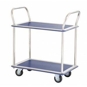 A 220KG rated two-tier platform trolley (model HL120D) featuring a sturdy steel frame, double-handle design, and smooth-rolling swivel castors, designed for organized and efficient material handling in warehouses, offices, and retail environments. A 220KG rated two-tier platform trolley (model HL120D) featuring a sturdy steel frame, double-handle design, and smooth-rolling swivel castors, designed for organized and efficient material handling in warehouses, offices, and retail environments.