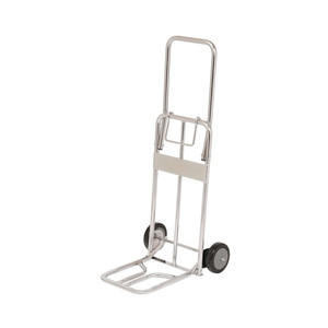 An 80KG rated foldable chrome-plated hand truck trolley (model SFT2809) featuring a sturdy steel frame, ergonomic handle, and smooth-rolling wheels, designed for lightweight transport and easy storage in offices, warehouses, and retail environments. An 80KG rated foldable chrome-plated hand truck trolley (model SFT2809) featuring a sturdy steel frame, ergonomic handle, and smooth-rolling wheels, designed for lightweight transport and easy storage in offices, warehouses, and retail environments.
