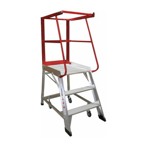 A 3-step order picker ladder (model MONOP3) featuring a sturdy aluminum frame, non-slip steps, ergonomic handrails, and a 0.84m platform height, designed for safe and stable elevated access in warehouses, stockrooms, and retail environments. A 3-step order picker ladder (model MONOP3) featuring a sturdy aluminum frame, non-slip steps, ergonomic handrails, and a 0.84m platform height, designed for safe and stable elevated access in warehouses, stockrooms, and retail environments.