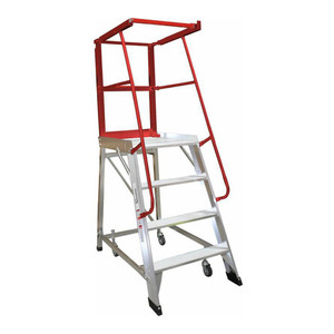 A 4-step order picker ladder (model MONOP4) featuring a sturdy aluminum frame, 1.11m platform height, non-slip steps, and ergonomic handrails, designed for safe and stable elevated access in warehouses, stockrooms, and retail settings. A 4-step order picker ladder (model MONOP4) featuring a sturdy aluminum frame, 1.11m platform height, non-slip steps, and ergonomic handrails, designed for safe and stable elevated access in warehouses, stockrooms, and retail settings.