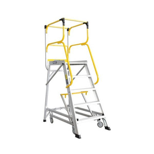 A 5-step deluxe order picker ladder (model FS13593) by Bailey, featuring a sturdy aluminum frame, 1.38m platform height, wide non-slip steps, and ergonomic handrails, designed for safe and efficient elevated access in warehouses, stockrooms, and industrial workplaces.
