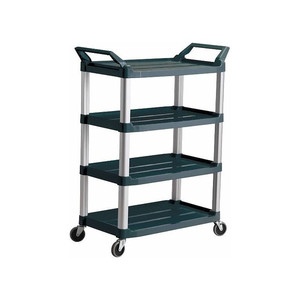 A black Hi-5 4 Shelf Utility Cart (model RT4026-BLK) featuring a durable plastic frame, four spacious storage shelves, an ergonomic handle, and smooth-rolling swivel castors, designed for efficient transport and organization in commercial and industrial environments.