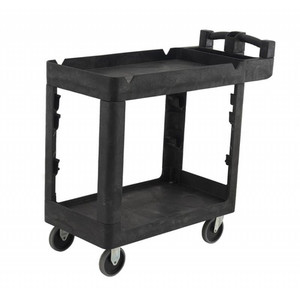 A black Bitbar 2 Shelf Utility Cart (model RT4044-BLK) featuring a heavy-duty plastic frame, two spacious storage shelves, an ergonomic handle, and smooth-rolling swivel castors, designed for efficient transport and organization in commercial and industrial environments.